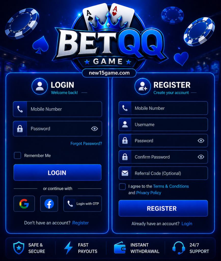 BETQQ Game login and registration page for Pakistan users with mobile signup, account access, and secure registration options
