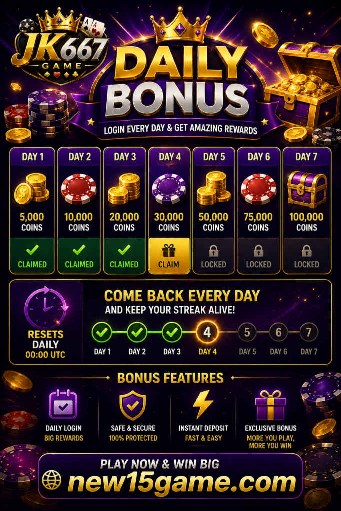 JK667 Game daily bonus page for Pakistani users showing login rewards, bonus offers, and daily promotional earning features
