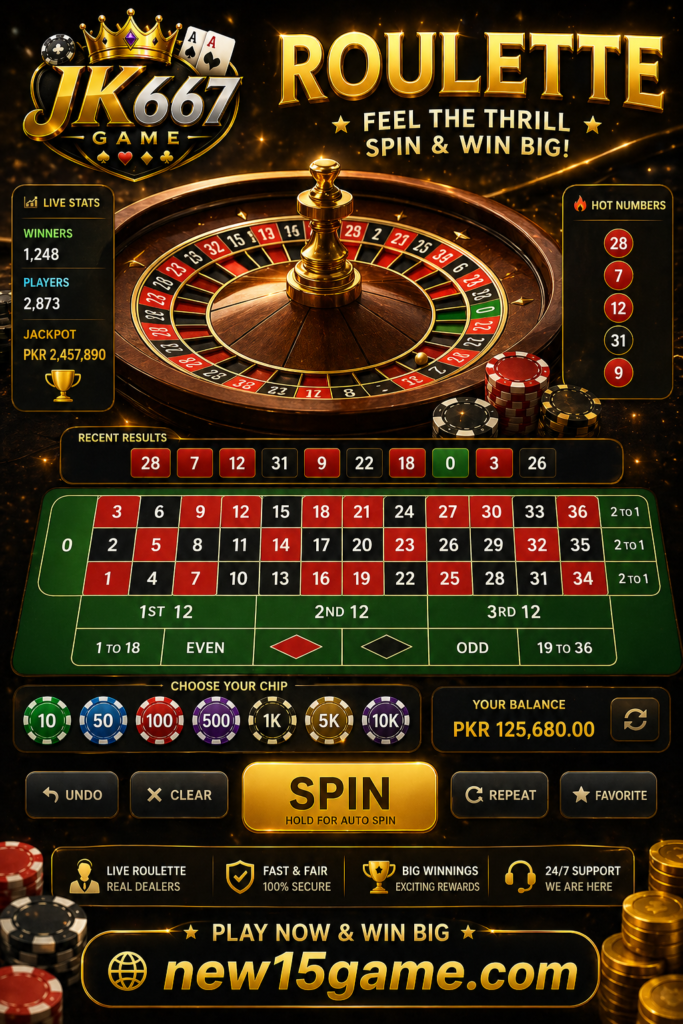 JK667 Game roulette wheel image for Pakistani mobile users featuring casino-style spinning game, betting entertainment, and online gaming visuals

