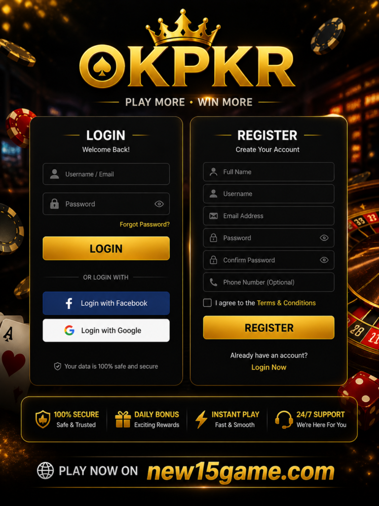 OKPKR Game registration page for Pakistan users with mobile signup form, secure account creation, and easy register options
