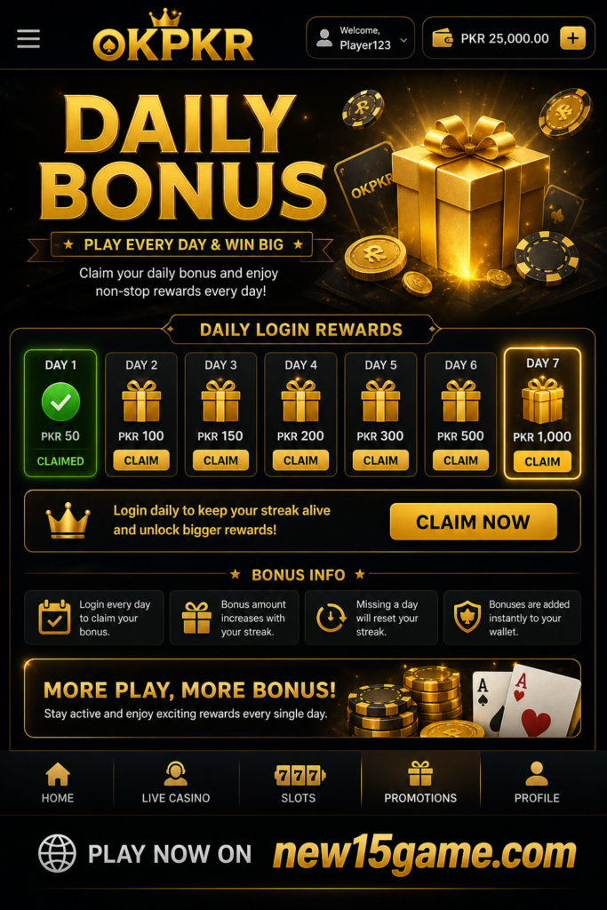 OKPKR Game bonus page for Pakistani users showing daily rewards, welcome offers, promotional bonuses, and mobile gaming rewards system
