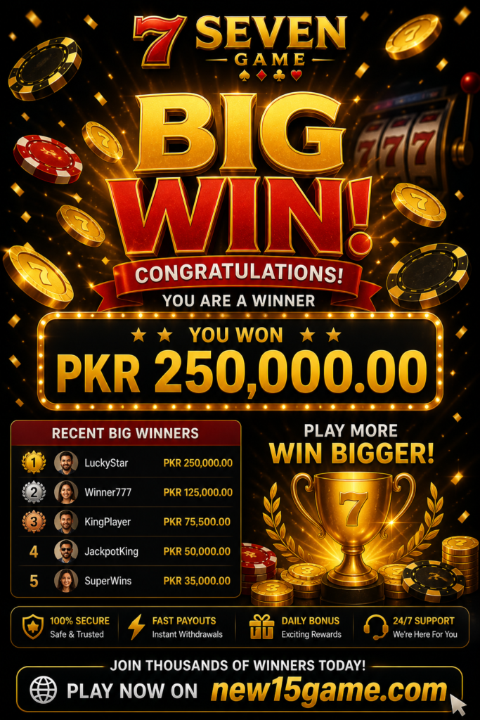 Seven Game winning page for Pakistani mobile users showing jackpot rewards, big win bonuses, and online gaming success screen
