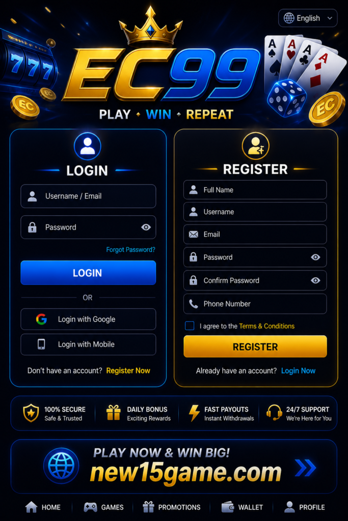 EC99 Game login and registration page for Pakistan users with secure mobile signup, account access, and easy sign in options
