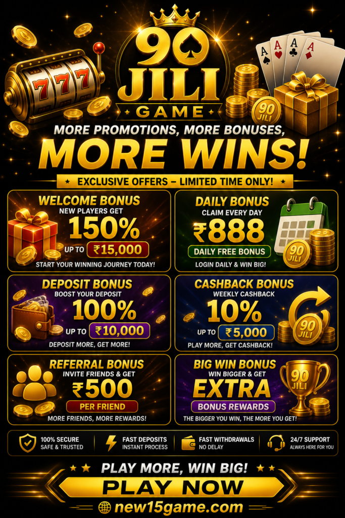 90JILI Game promotional and bonus page for Pakistani users showing welcome rewards, special offers, daily bonuses, and mobile gaming promotions
