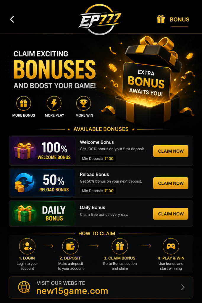 EP777 Game bonus page for Pakistani users showing daily rewards, welcome offers, promotional bonuses, and mobile gaming reward features
