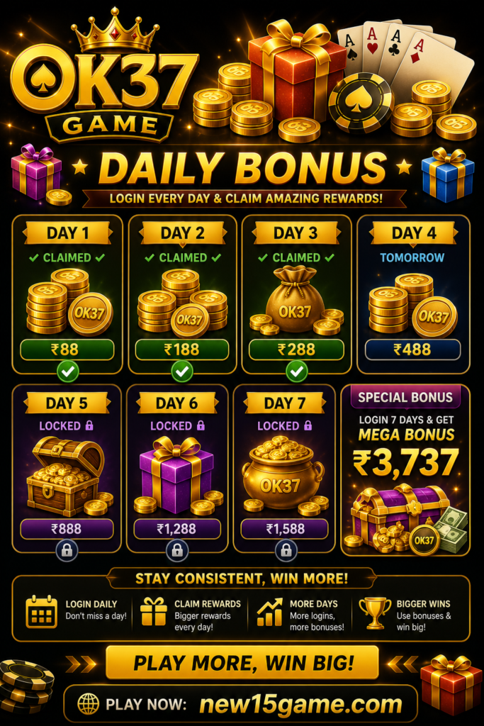 OK37 Game daily bonus page for Pakistani users showing reward offers, daily login benefits, promotional bonuses, and mobile gaming rewards
