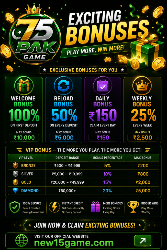 Pak75 Game bonus page for Pakistani users showing welcome rewards, promotional offers, bonus prizes, and mobile gaming feature