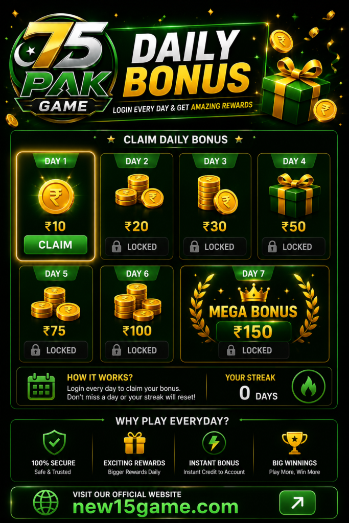 Pak75 Game daily bonus page for Pakistani users showing daily rewards, login bonuses, and regular mobile gaming offers