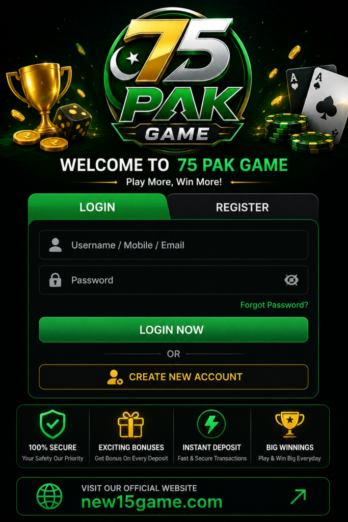 Pak75 Game login page for Pakistani users with secure sign in, mobile account access, and simple login options