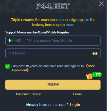 P44.BET mobile app safe account login page screen for Pakistani users