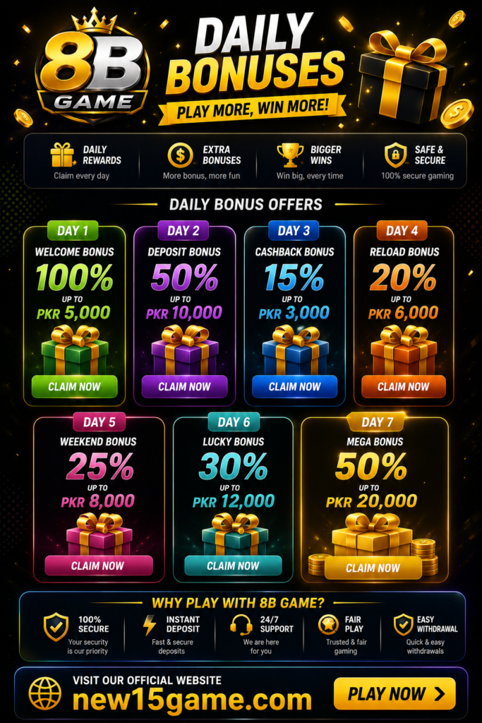 8B Game daily bonus page for Pakistani users showing daily rewards, login bonuses, special offers, and regular mobile gaming bonus features
