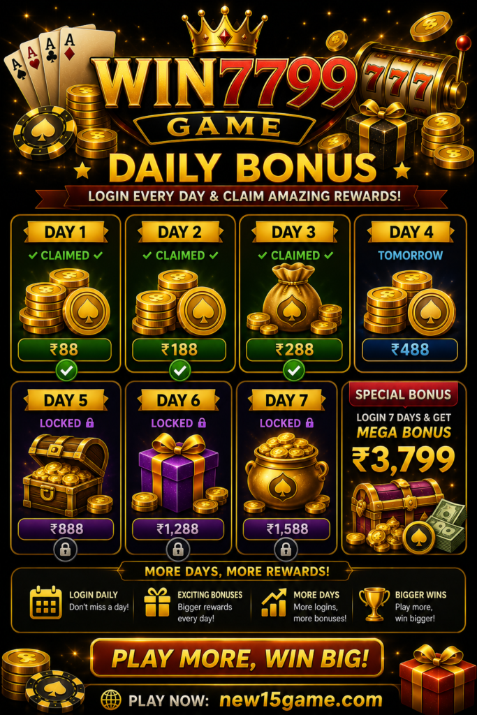 Win7799 Game daily bonus page showing reward offers, free bonus claims, promotional gifts, colorful casino visuals, and mobile-friendly bonus system for Pakistani users.