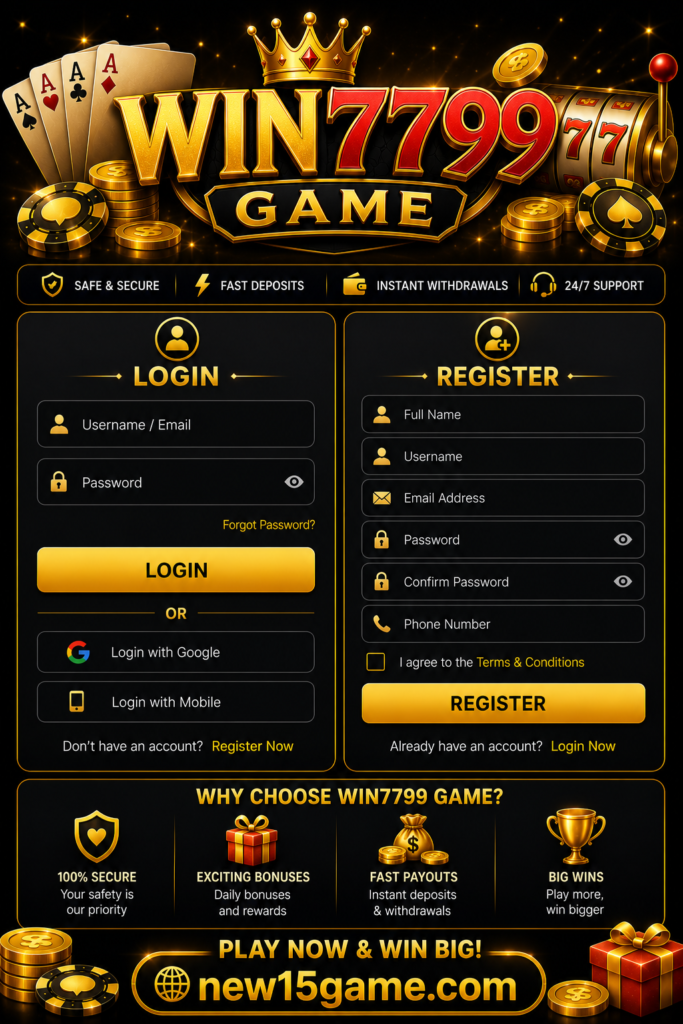 Win7799 Game secure login page with mobile number, password fields, modern gaming interface, easy access design, and user-friendly layout for Pakistani players.