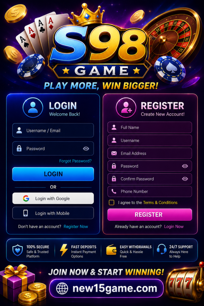 ## Login Page Alt Text

S98 Game secure login page for Pakistani users with mobile number, password entry, and safe account access

## Register Page Alt Text

S98 Game registration page with signup form, mobile number verification, and easy account creation for Pakistani players
