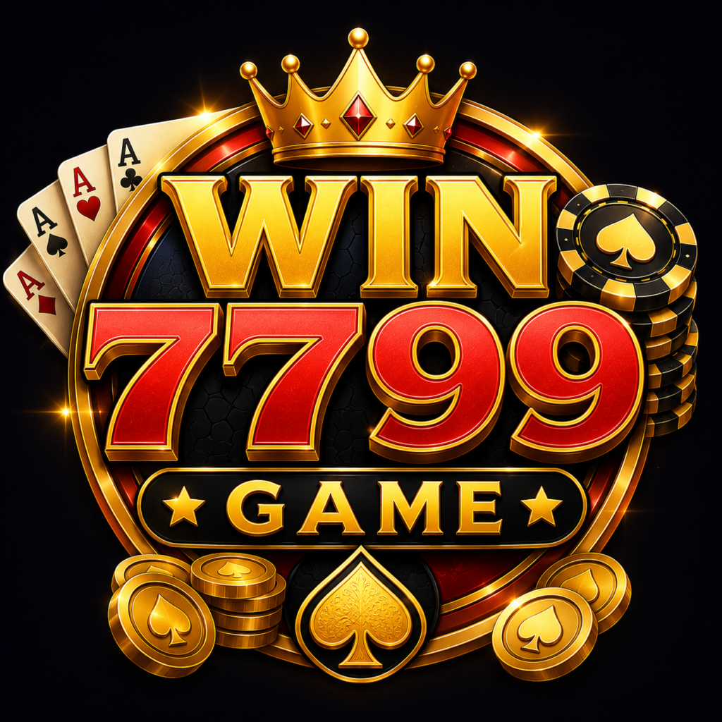 Win7799 Game premium logo design with stylish casino theme, bold colors, modern gaming branding, and mobile-friendly look for Pakistani users.