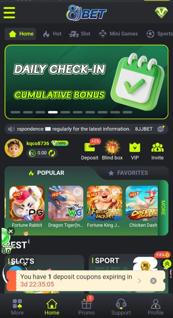 8JJBet Game home screen interface on Android