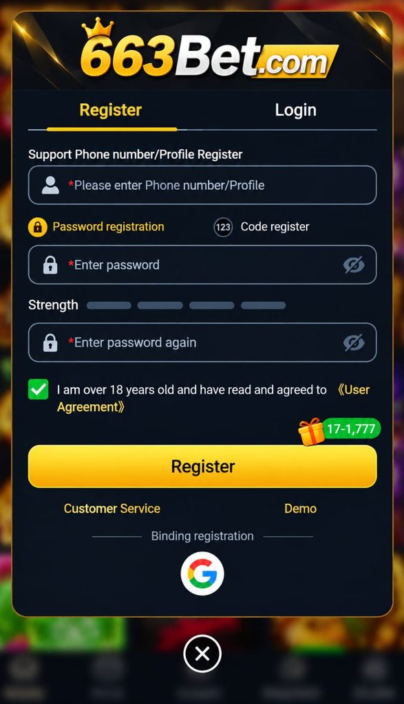 663BET Game register page for new Android users.