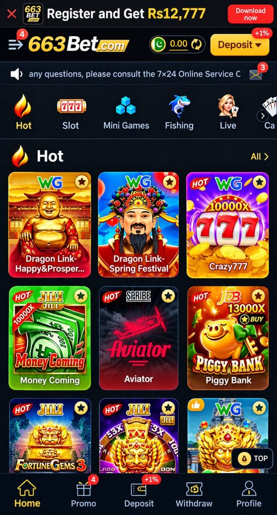 663BET Game home screen showing the mobile gaming platform interface.