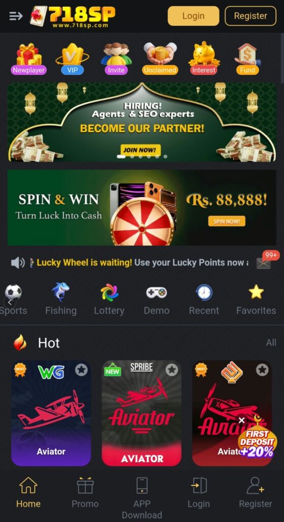 718SP Game home screen showing the modern gaming app interface, featured game options, navigation menu, and organized sections for an easy and smooth user experience.