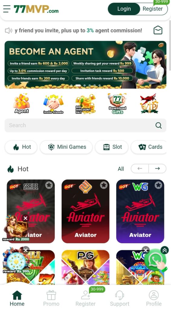 77MVP Game home screen showing a modern mobile gaming interface with game options and easy navigation.