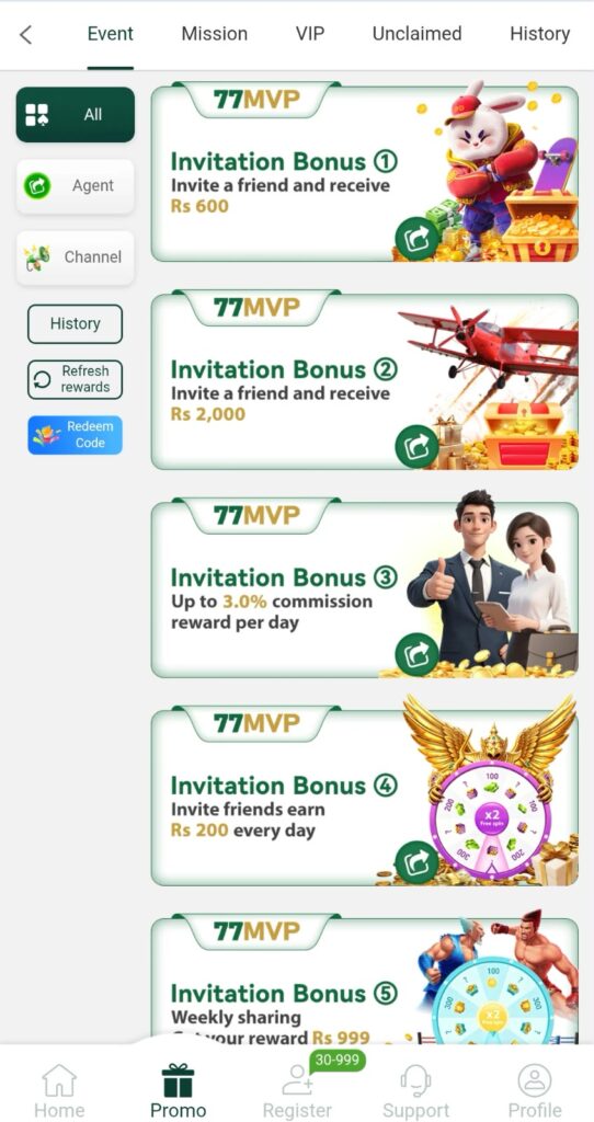 77MVP Game bonus page displaying available gaming rewards and promotional offers.