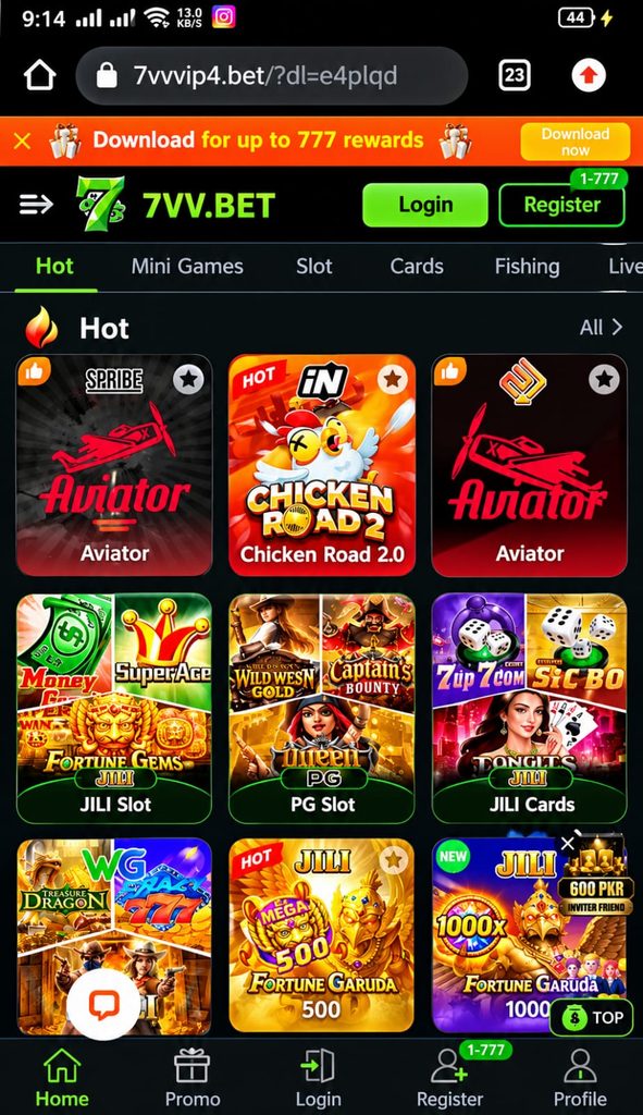 7VV.BET Game home screen interface.