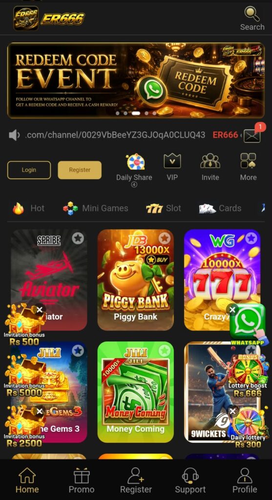 ER666 Game home screen showing a modern mobile gaming interface with ER666 branding, navigation menu, game options, and blue and gold design.