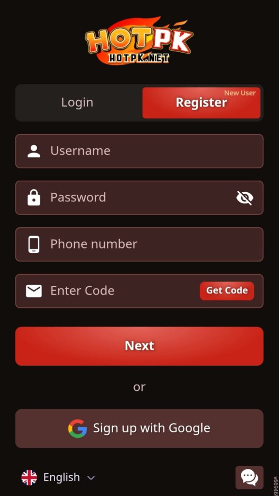 HOTPK Game login page with a simple sign-in interface, username and password fields, and an easy-to-use mobile gaming layout.