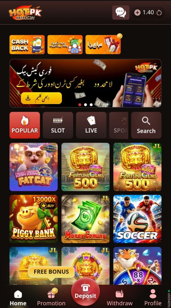 HOTPK Game home screen showing a modern gaming interface with game options, navigation menu, and user-friendly layout for Pakistani players.