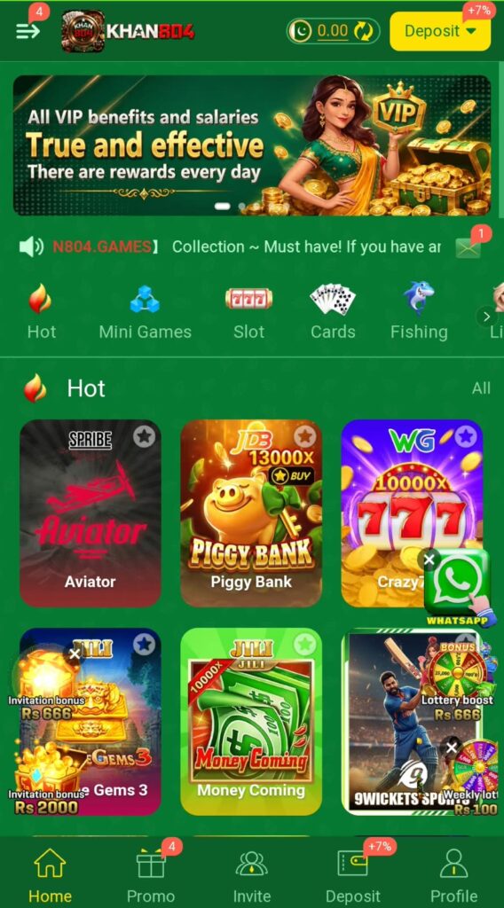 Khan804 Game home screen interface showing the main menu, game options, login button, and user-friendly navigation.