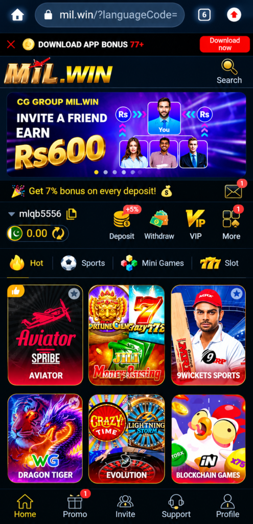MIL.WIN Game home screen showing the latest gaming interface, colorful game options, easy navigation, and mobile-friendly design for Pakistan players.