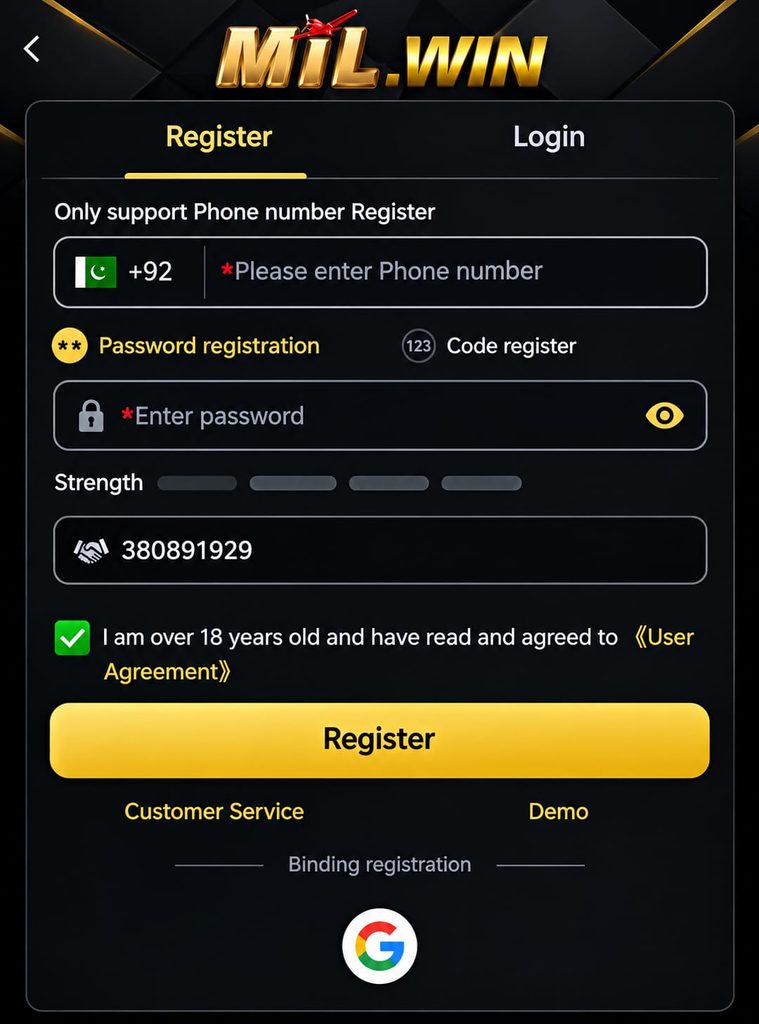 MIL.WIN Game Register page showing the account sign-up form for new users.