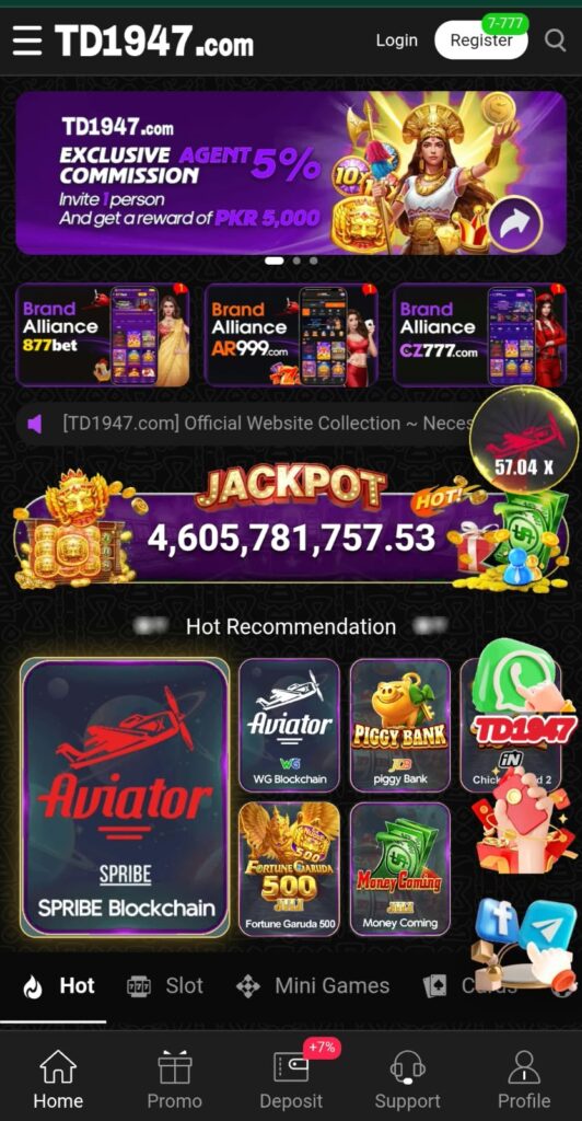 TD1947 Game home screen showing a modern mobile gaming interface with game categories, navigation menu, account options, and an easy-to-use layout.