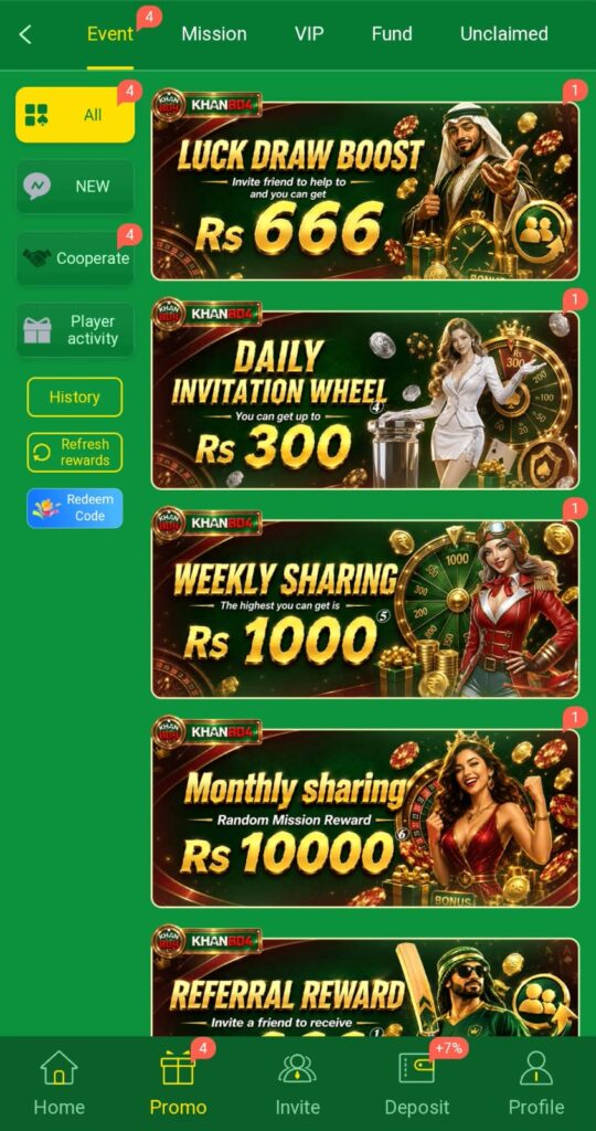 Khan804 Game bonus page showing available bonuses, promotional offers, rewards, and bonus details in the game interface.