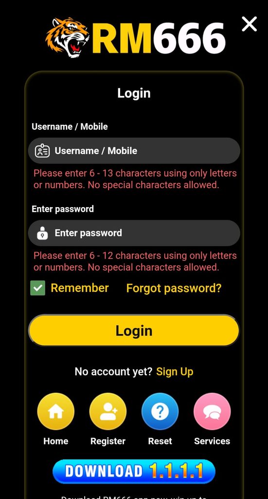 RM666 Game registration page showing the account sign-up form for new Android users.